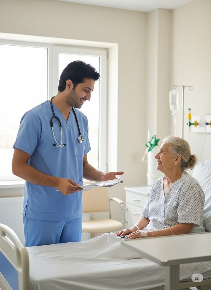 A doctor reviewing results with a senior patient in hospital