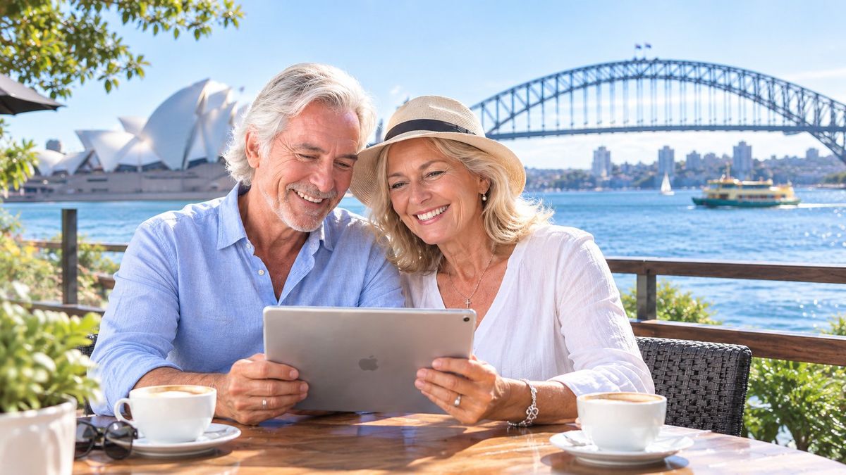 A happy senior couple planning their trip on a tablet with Sydney Harbour behind them