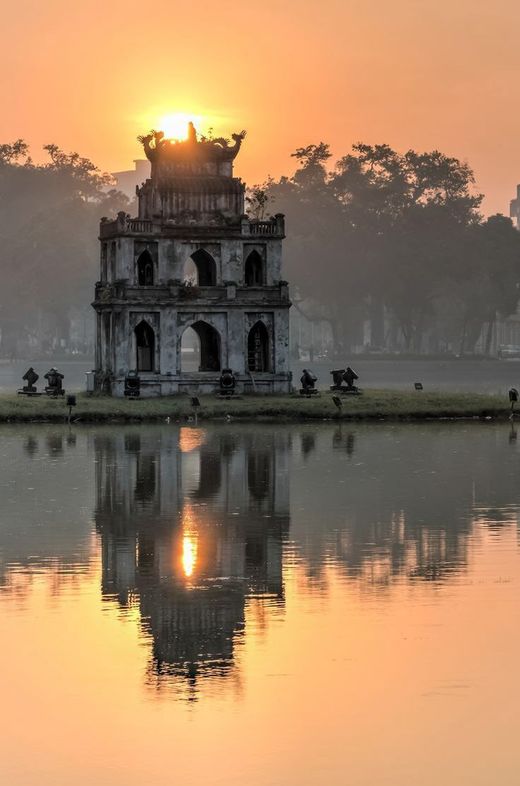 Turtle Tower at sunset on Hoan Kiem Lake