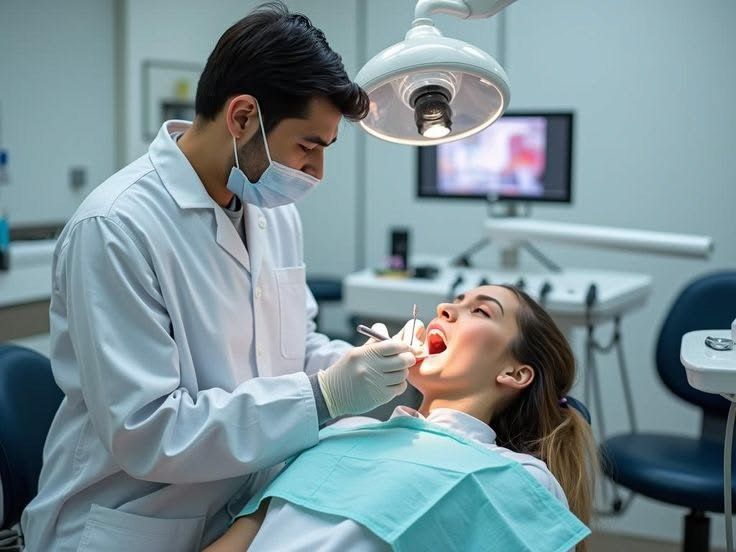 A MEDDENTAL dentist examining a patient in a modern clinic